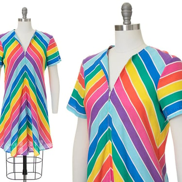 Vintage 1970s 1980s Dress | 70s 80s Rainbow Striped Cotton Zip Up Mini Dress (medium) 