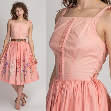 XS| 1950s Georgiana Original Peach Pink Day Dress - Extra Small | Vintage 50s Fit & Flare Boho Floral Midi Dress 