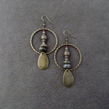 Jasper earrings, bronze hoop earrings, bohemian earrings, rustic boho earrings, artisan ethnic earrings, hammered hoop earrings 