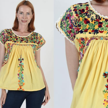 Cotton Oaxacan Tunic, Crochet Trim Mexican Blouse, Womens Yellow San Antonio Top / Rainbow Floral Hand Embroidered Shirt 