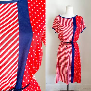 Vintage 1970s Striped & Dotted Day Dress / S-M 