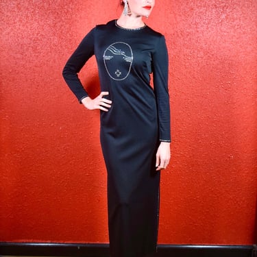 1970s Rhinestone Face Black Maxi Dress 