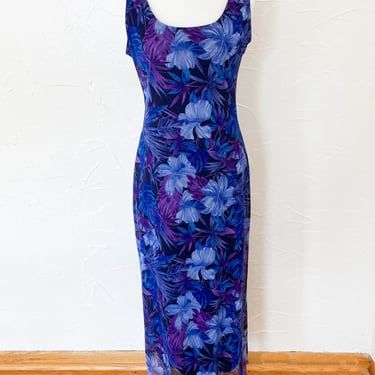 90s/Y2K Mesh Black Purple Blue Floral Maxi Dress Lettuce Edge | Medium/Large/Extra Large 