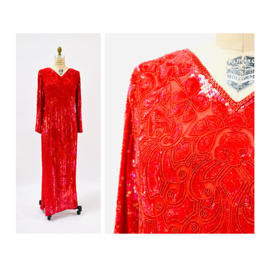 90s Vintage Red Sequin Beaded Dress Evening Gown Medium Large// 80s 90s Glam Red Sequin Long Sleeve Dress Beauty Pageant Showgirl Gown 