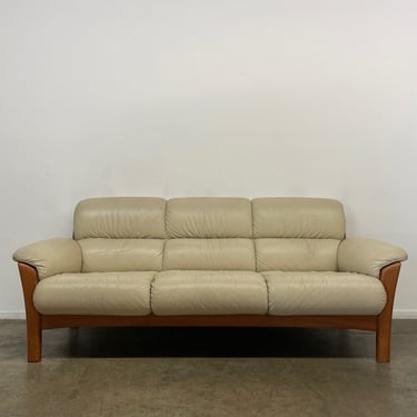 Ekornes Teak Frame Sofa in Cream Leather 