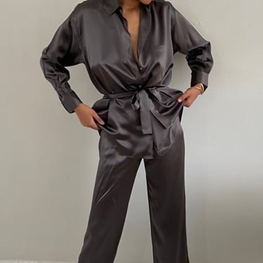 80s silk charmeuse pant suit / vintage chocolate brown liquid silk charmeuse satin lounge pant suit matching set | Medium 