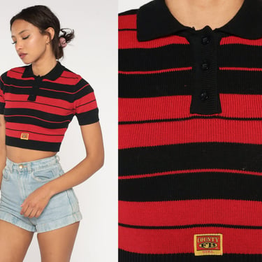 Cropped Polo Shirt Y2K Black Red Striped Knit Crop Top Collared Blouse Half Quarter Button Up Preppy Retro Vintage 00s Small xs 