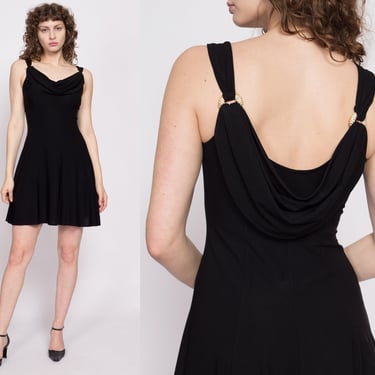 90s Cowl Neck Little Black Dress - Small | Vintage Flowy Sleeveless Fit & Flare Jeweled Mini Party Dress 