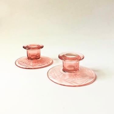 Etched Blush Pink Glass Candle Holders - Set of 2 