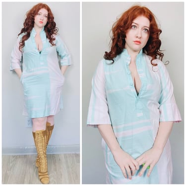 1970s Vintage Catherine Ogust Pastel Shift Dress / 70s / Seventies Mint and Pink Abstract Print Mandarin Collar Dress / Medium 