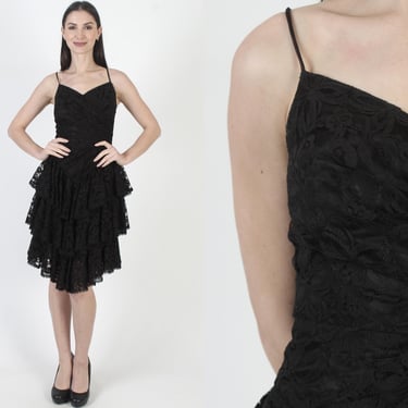 Black Asymmetrical Hem Dress, Lace Up Corset Back, Vintage 80s Prom Gown 