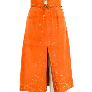 1970s Orange Suede Midi Skirt