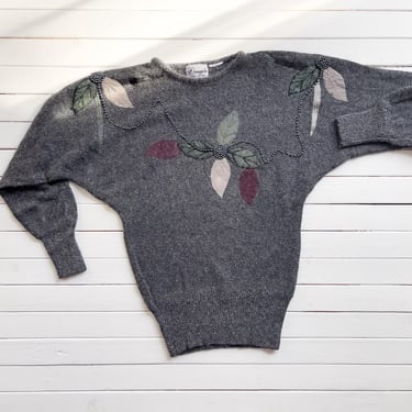 gray wool sweater 80s vintage leaf embroidered lambswool sweater 