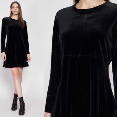 Med-Lrg 90s Black Velvet Long Sleeve Mini Dress | Vintage Minimalist Gothic Stretchy A Line Dress 