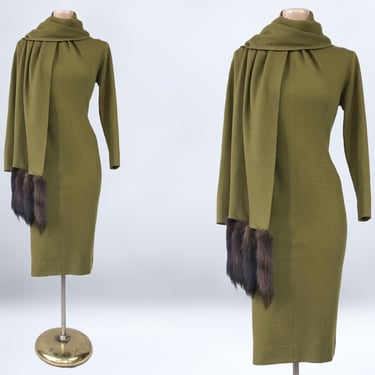Reserved for Nicolette- payment 3 of 3- VINTAGE 1960s Lilli Diamond Olive Green Wool Wiggle Dress With Fur Tail Wrap 