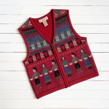 red wool sweater vest | 90s vintage Telluride folk people heart patterned dark academia cottagecore warm boiled wool vest 