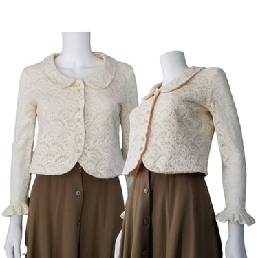 Vintage Knit Crochet Top, Extra Small / 1950s Sheer Ivory Knit Button Blouse with Ruffled Cuffs and Peter Pan Collar 