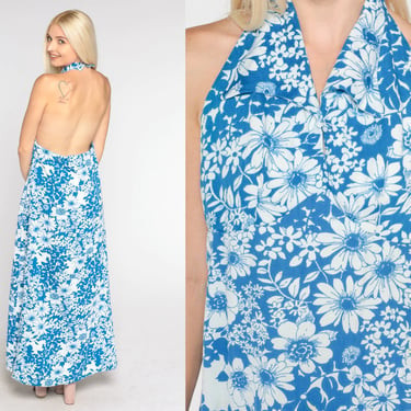 70s Floral Dress Blue Maxi Dress Boho Open Back Halter Dress Flower Print Long Sun Dress Hippie Bohemian Sleeveless Vintage 1970s Medium M 
