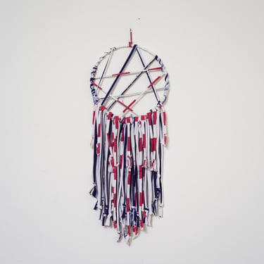 Handmade Americana Patriotic Wreath Dreamcatcher — Red, White, and Blue Fringe Hanging Wall Art for Forth of July 