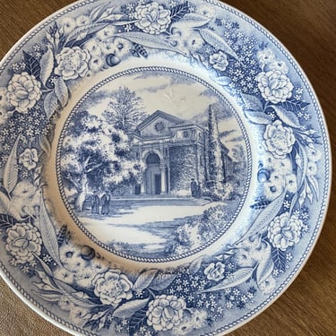 Vintage Wedgwood Plate  Pomona College blue and white dinner plate Bridges Hall of Music, Sumner Hall, or the Patio of Harwood Court. 