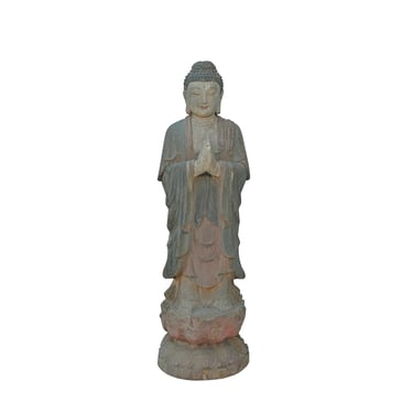Vintage Rustic Wood Anjali Mudra Standing Buddha Amitabha Shakyamuni Statue ws3589E 