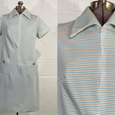 Vintage Tan & Blue Shift Dress 60s 1960s Mod Twiggy Stripe Striped Short Sleeve Mad Men Megan Draper Dopamine Dressing Large 