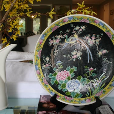 Vintage Nippon plate with tropical birds | yellow, black, green pink | birds of paradise and peonies | Chinoiserie | Japanese ceramic plate 