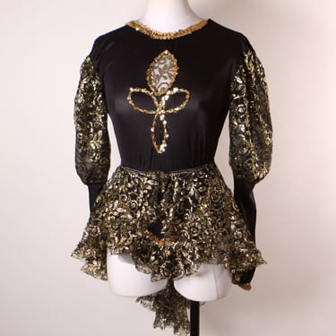 1980s Black and Gold Metallic Long Sleeve Sequin Trim One Piece Costume Showgirl Leotard with Matching Sheer Lace Over Skirt -M-L 