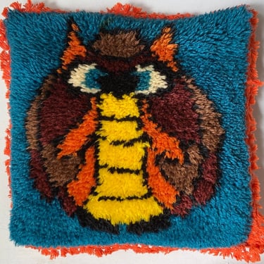 Vintage Latch Hook Owl Pillow, Abstract Owl Design, Halloween Fall Throw Pillow, Dark Teal With Orange Fringe, Hand Made 