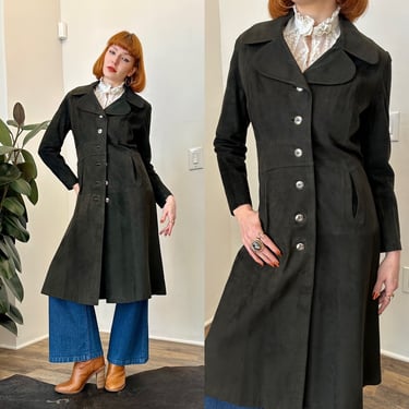 Vintage 1970s Jacket / 70s Suede Long Jacket / Black ( XS S ) 