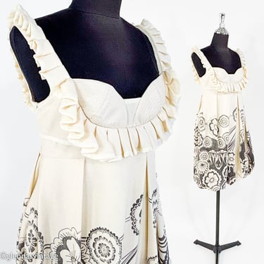 1990s White Wool Sleeveless Dress | 90s Creme & Gray Print Wool Sundress | WangWei  Gallery | S 