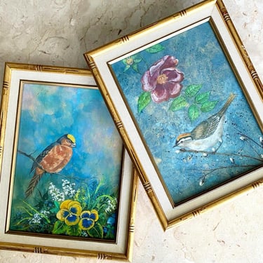 Vintage Framed Art, Pair of Two, Bird Prints, Hand painted, Faux Bamboo Framing 