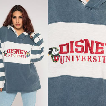 Disney University Hoodie Y2K Striped Hooded Sweatshirt Mickey Mouse Donald Duck Blue White Disneyland Hood Vintage 00s Mens Extra Large xl 