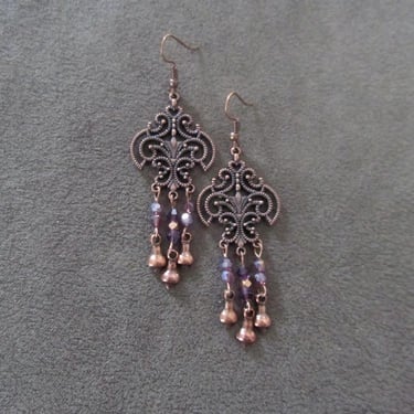 Antique copper filagree chandelier earrings, purple crystal earrings 