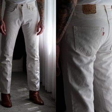 Vintage 90s LEVIS 501 Starch White Button Fly Distressed Jeans | Size 31x34 | Made in Guatemala | 1990s LEVIS Designer Unisex Denim Pants 