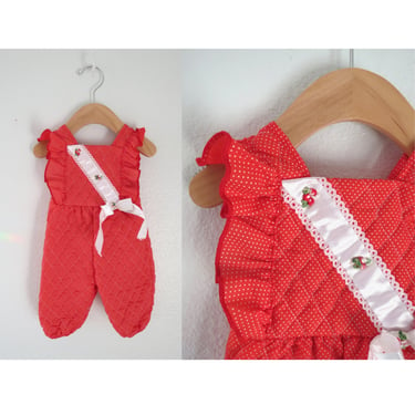 Vintage Baby Romper - Girls Summer Red Polka Dot Outfit - Size 6 - 9 Months 