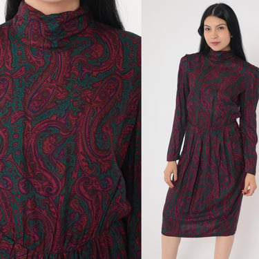 80s Paisley Dress Mock Neck Puff Sleeve Dress High Waist Pleated Midi Dress 1980s Secretary Long Sleeve Vintage 90s Academia Small Petite 