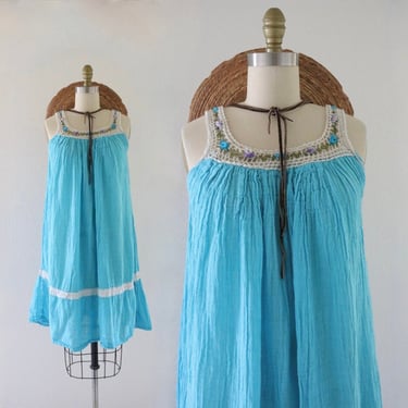 billowy gauze dress - xs - vintage 70s 80s turquoise blue crochet boho hippie bohemian womens size extra small sleeveless summer sun 