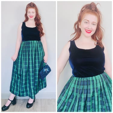 1990s Vintage Acetate and Velvet Party Dress / 90s / Nineties Blue and Green Plaid Taffeta Gown / Size Large 