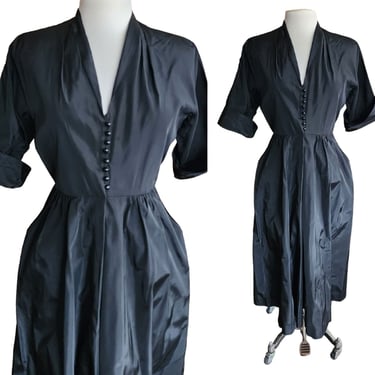Vintage 50s Black Satin Dress Button Front Short Sleeves 