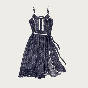 (S) 70s Navy Blue Crochet Trim Dress