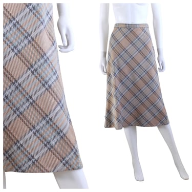 1970s A-Line Pale Blue & Beige Plaid Skirt - 1970s Plaid Wool Skirt - 1970s A-Line Skirt - 1970s Plaid Skirt - 70s Beige Skirt | Size Medium 