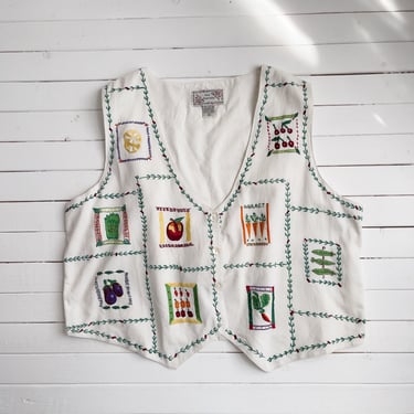 cute cottagecore vest 80s 90s plus size vintage white corduroy vegetable embroidered novelty print vest 