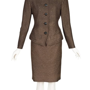 Yves Saint Laurent 1980s Vintage Brown Brocade Structured Skirt Suit Sz M 