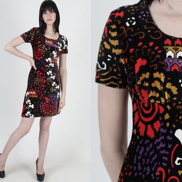 Vintage 70s Psychedelic Dress, Abstract Floral Black Velvet, Trippy Mod Disco Party Mini Dress, Formfitting Stain Glass Print Short Dress 