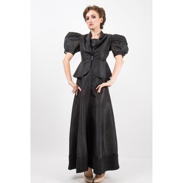 1930s evening gown / Vintage black rayon dress peplum jacket set / Trapunto balloon puff sleeves / S 