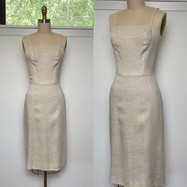 Vintage 1950s Wiggle Dress 50s Linen Sheath Neiman Marcus Trophy Room 