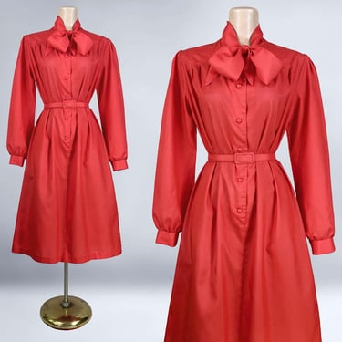 VINTAGE 70s 80s Red Shirt Waist Dress with Bow Tie Neckline Size 10 By Reiner of Chicago | 1970s 1980s Jabot Belted Day Dress | VFG 