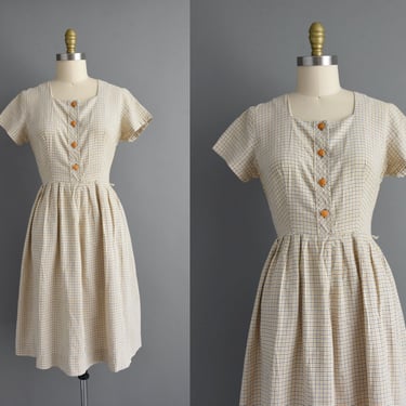 1960s vintage dress | Brentwood Gold & Brown Plaid Print Cotton Summer Dress | Large | 60s dress 