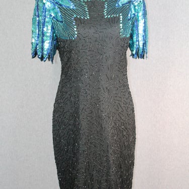 1980s Stenay - Blue Sequin Cocktail Dress - Flapper Dress - Beaded Party Dress - Size 10 